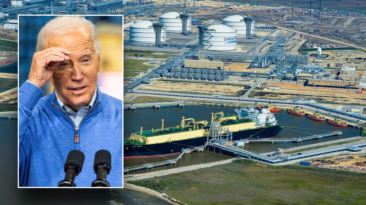 left inset: President Biden; main image: natural gas terminal