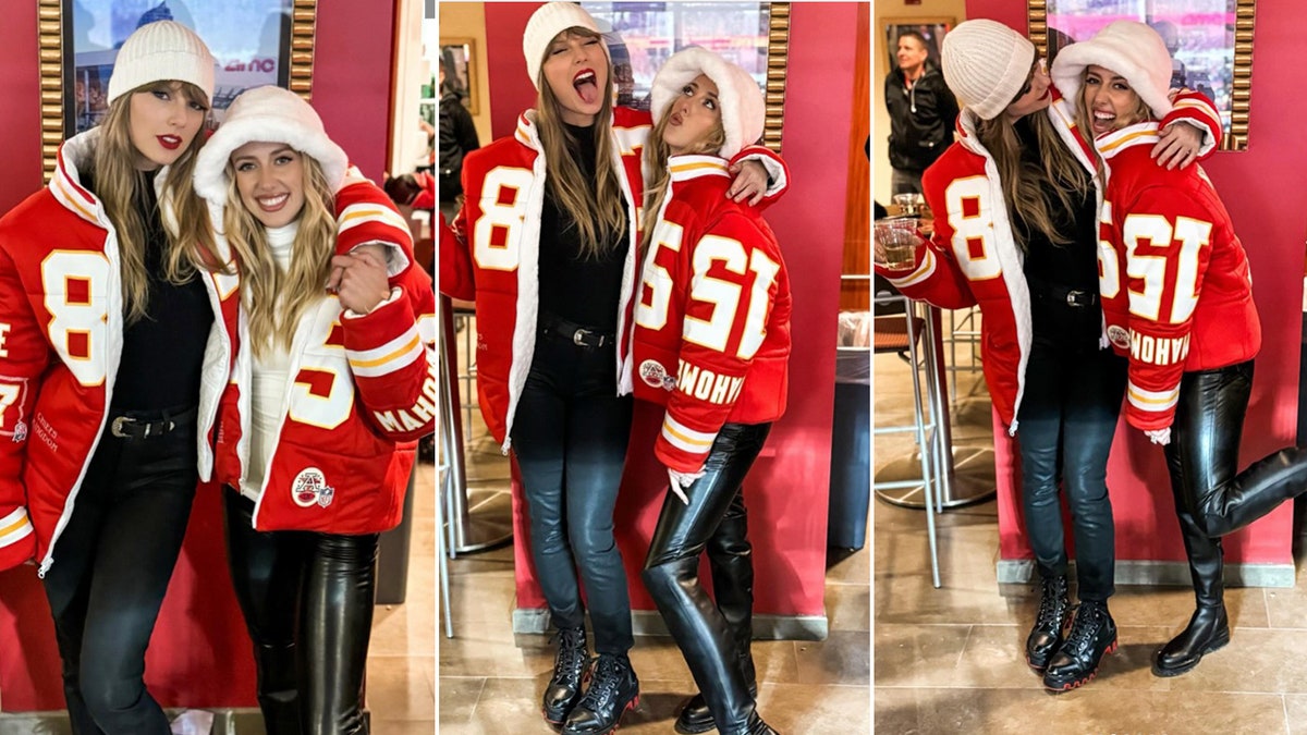 Três fotos lado a lado de Taylor Swift e Brittany Mahomes em jaquetas dos Chiefs combinando