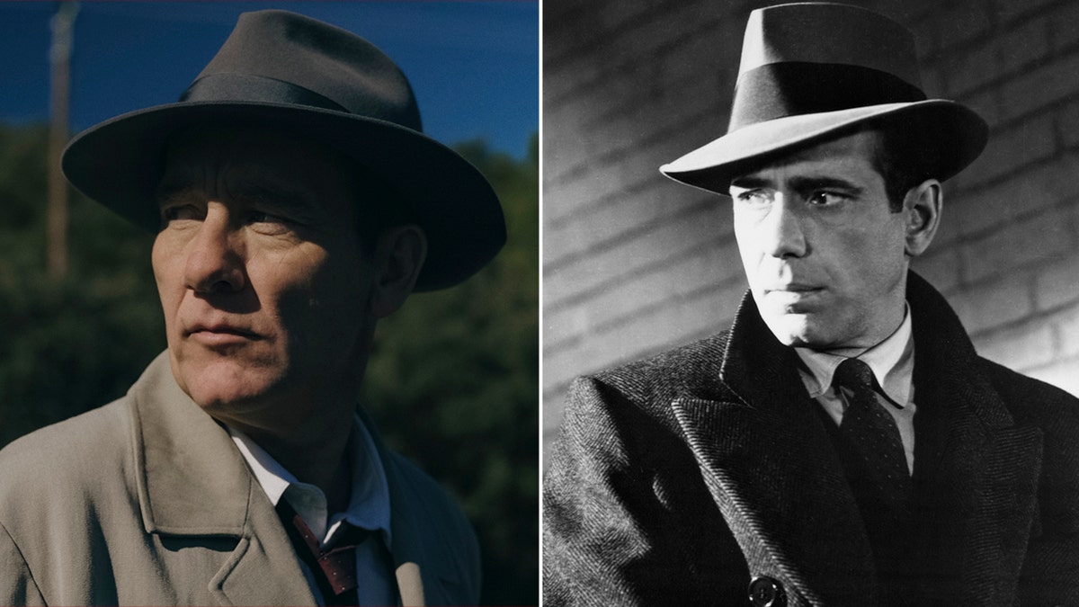 Side by side photos of Clive Owen and Humphrey Bogart in character as Sam Spade