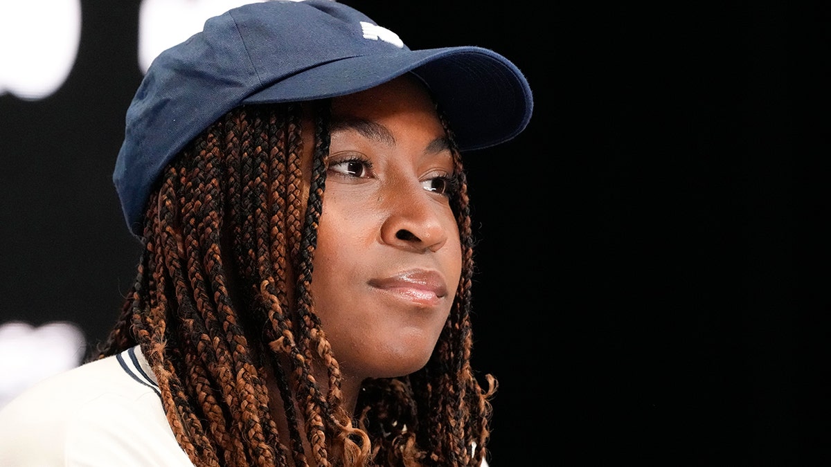 Coco Gauff talks to reporters