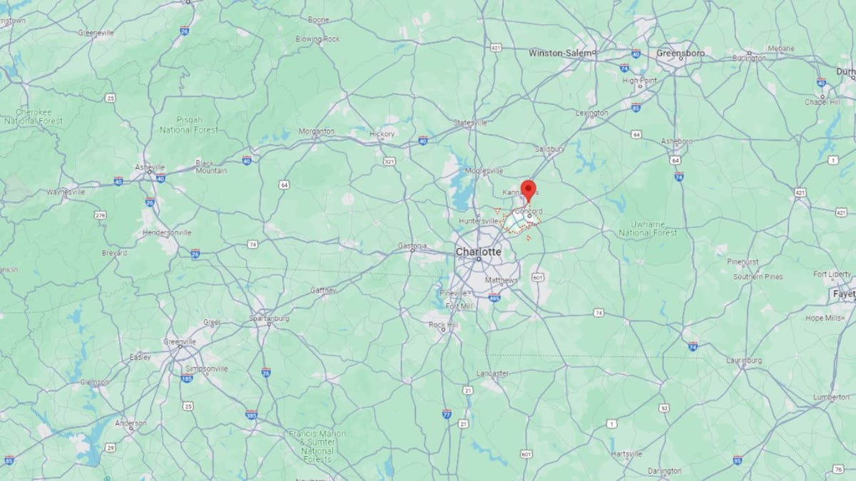 A map pinpoints Concord in North Carolina