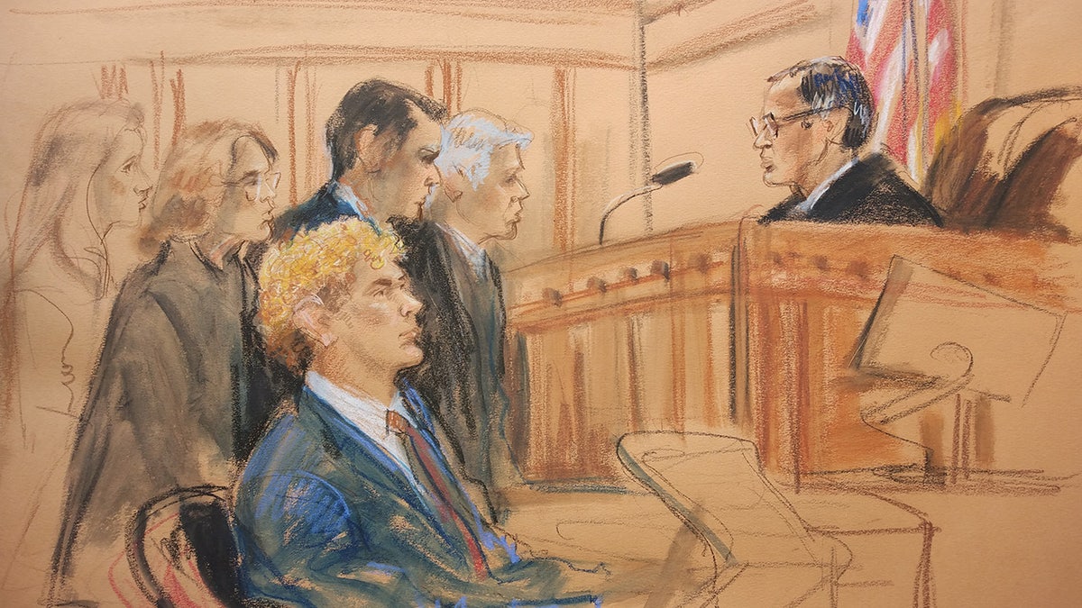A sketch depicts marine veteran Daniel Penny’s appearance in court at the Manhattan Criminal Courthouse