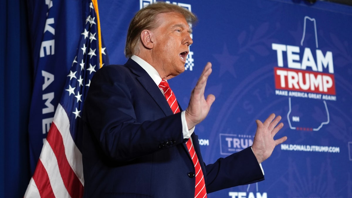 Republican presidential candidate former President Trump speaks during a campaign event in Laconia, New Hampshire, Monday, Jan. 22, 2024.