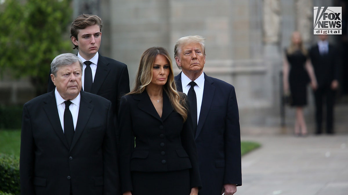 Former President Donald Trump attends the funeral of mother-in-law Amalija Knavs alongside his wife Melania, son Barron, and father-in-law Viktor Knav