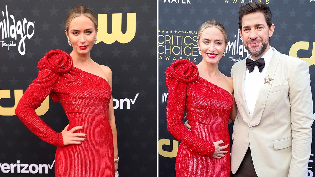 Emily Blunt posing on the red carpet side by side Emily Blunt and John Krasinski posing on the red carpet
