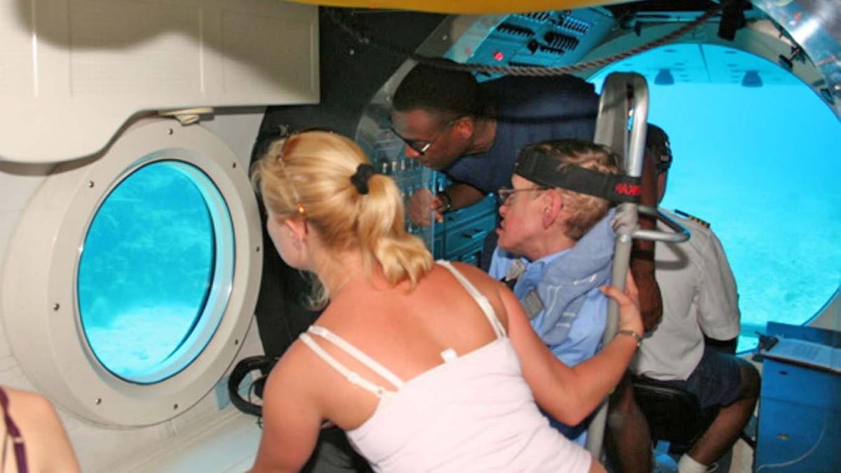 Stephen Hawking enjoys a sea bed tour on a submarine off Jeffrey Epstein's Caribbean island