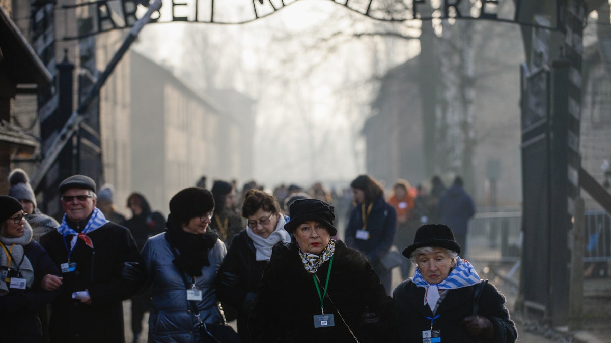 Survivors of the Auschwitz concentration camp walk by the main gate