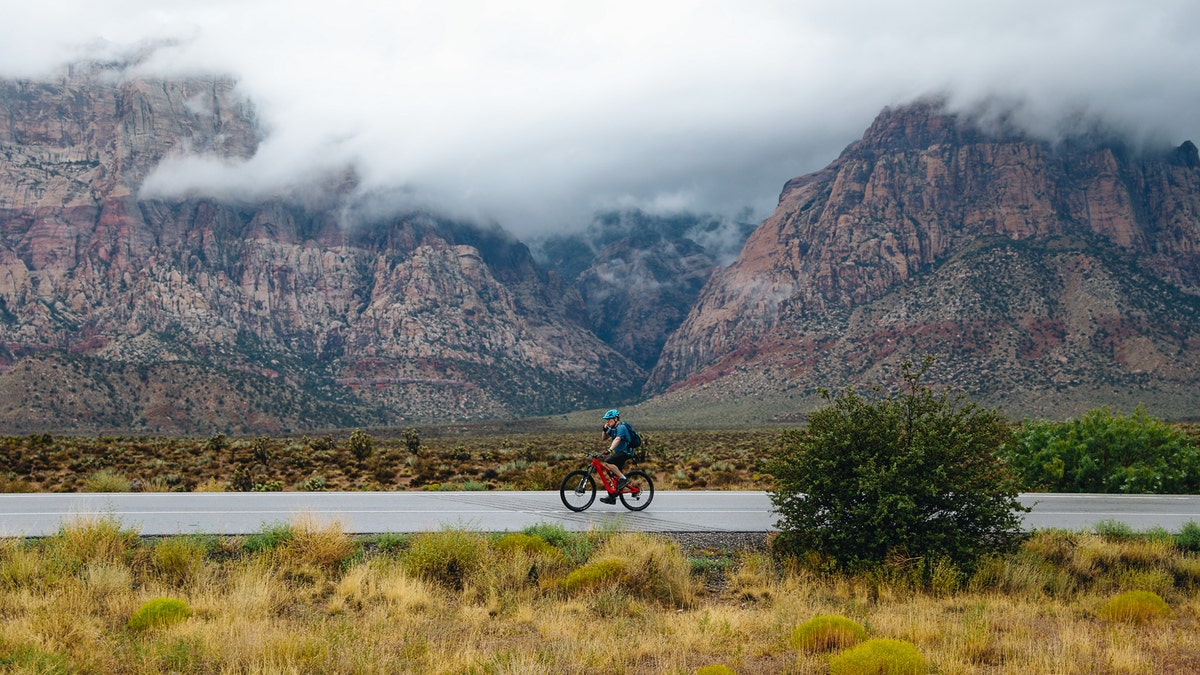 A person riding a bike through Red Rock National Conservation Area