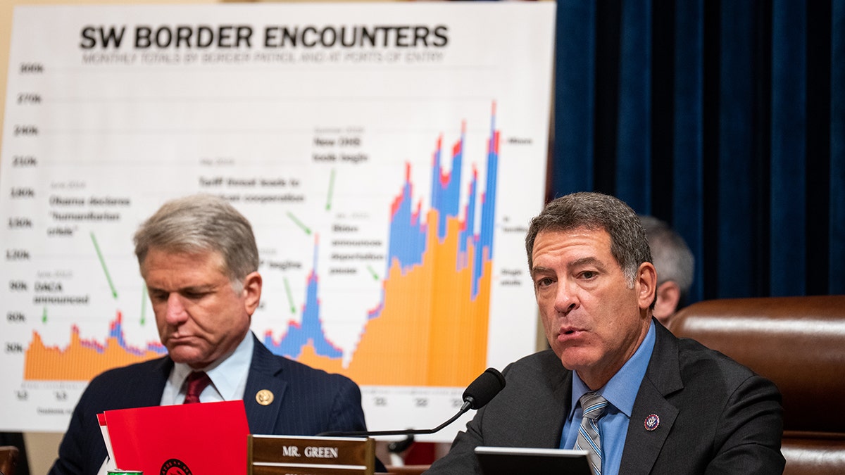 Congressmen sit in front of a chart showing border ecnounters in a hearing room
