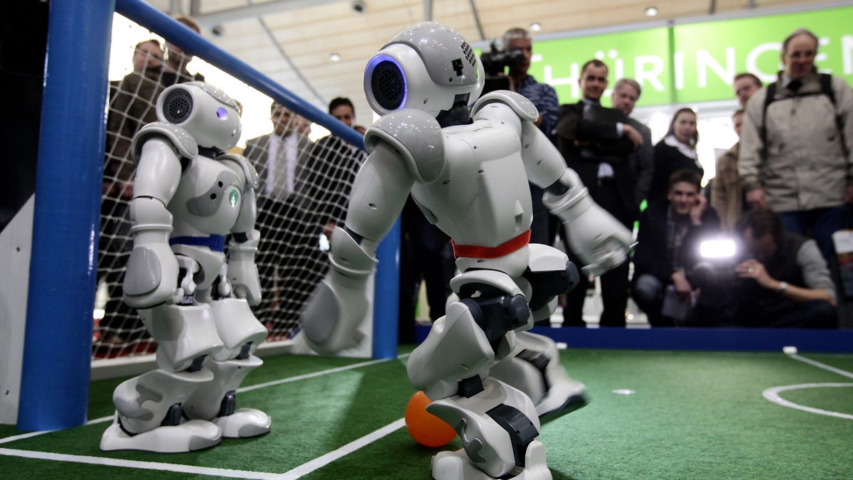 AI robots playing soccer in a demonstration