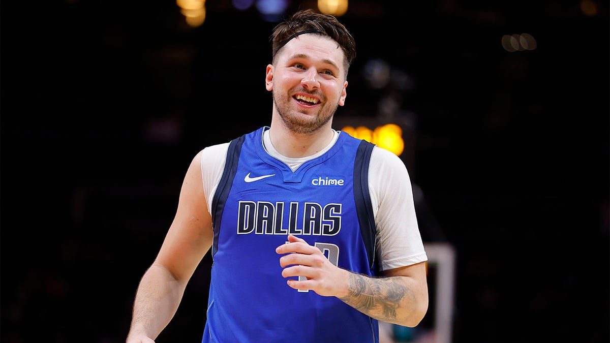 Luka Doncic smiles against the Hawks