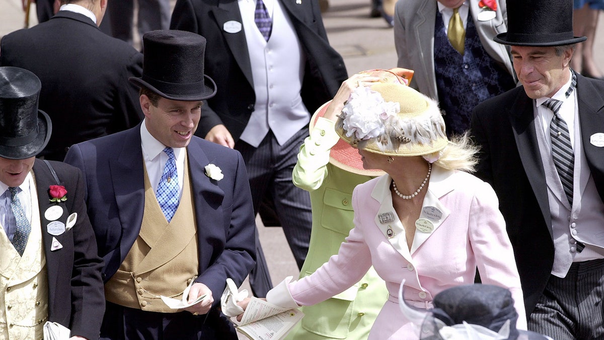 Prince Andrew and Jeffrey Epstein in formal wear outdoors with matching top hats