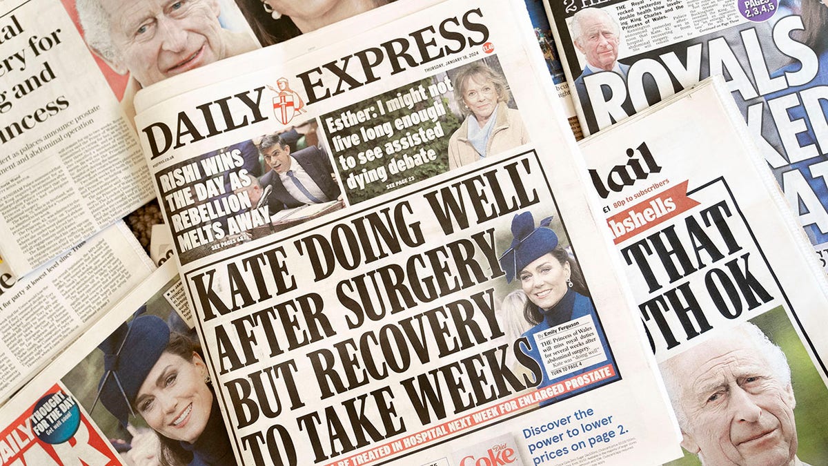 Newspapers stacked on top of each other about Kate Middletons health