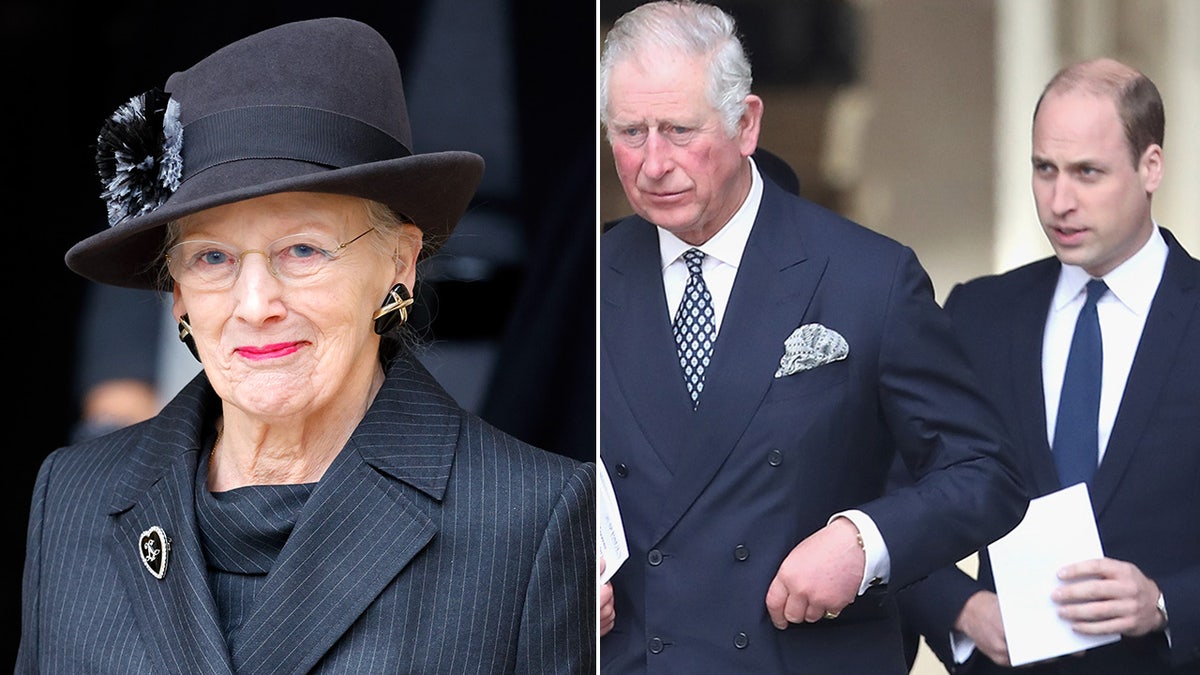 uma imagem dividida lado a lado da Rainha Margrethe, Rei Charles e Príncipe William