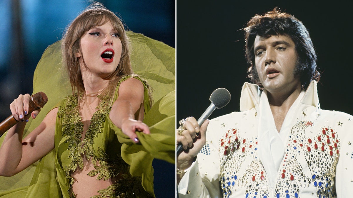 A split side-by-side photo of Taylor Swift and Elvis Presley