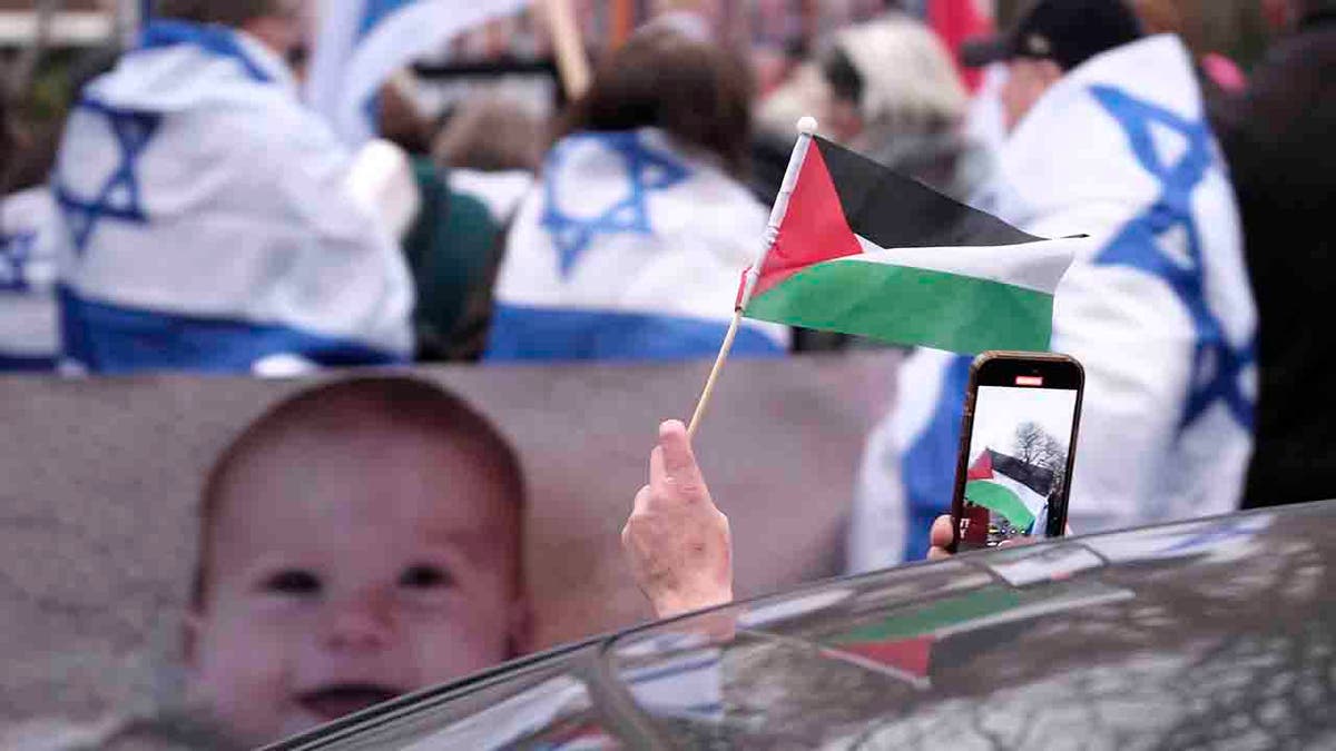 palestinian flag waving at pro-israel protest outside the International Court of Justice