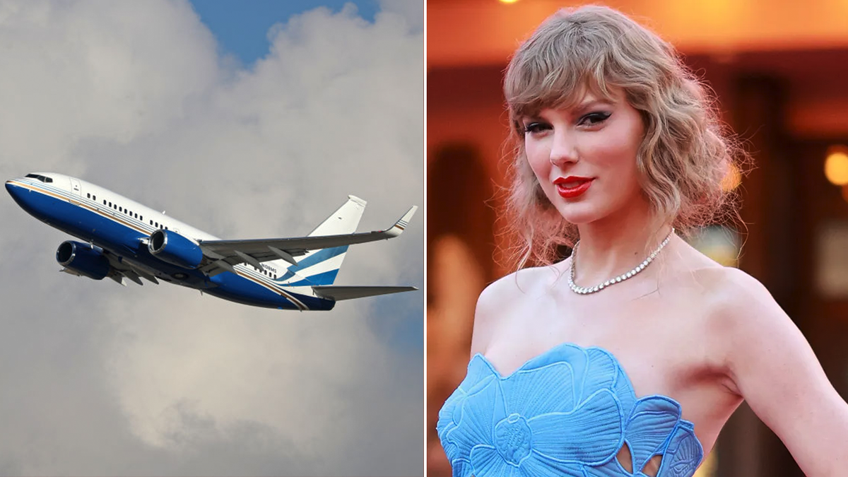 Singer Taylor Swift and private jet split image