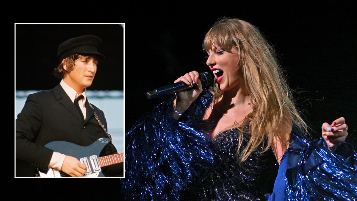John Lennon playing guitar and Taylor Swift singing