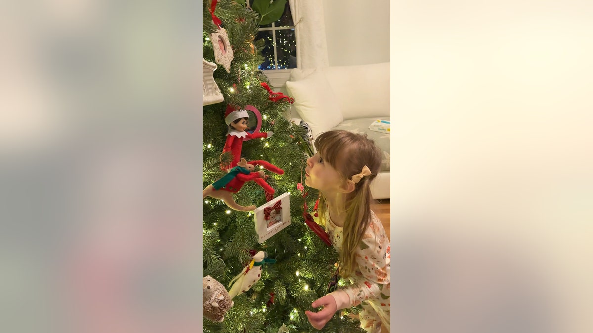 Lily looking at elf in tree