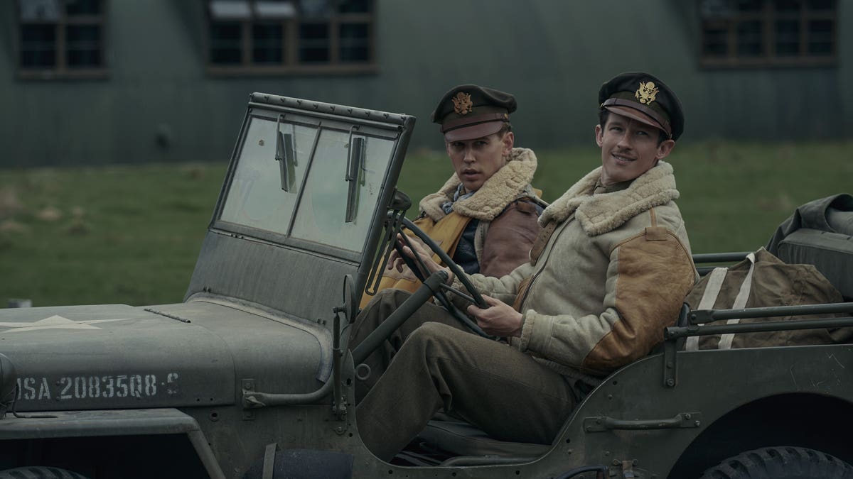 austin butler and callum turner driving a truck in masters of the air