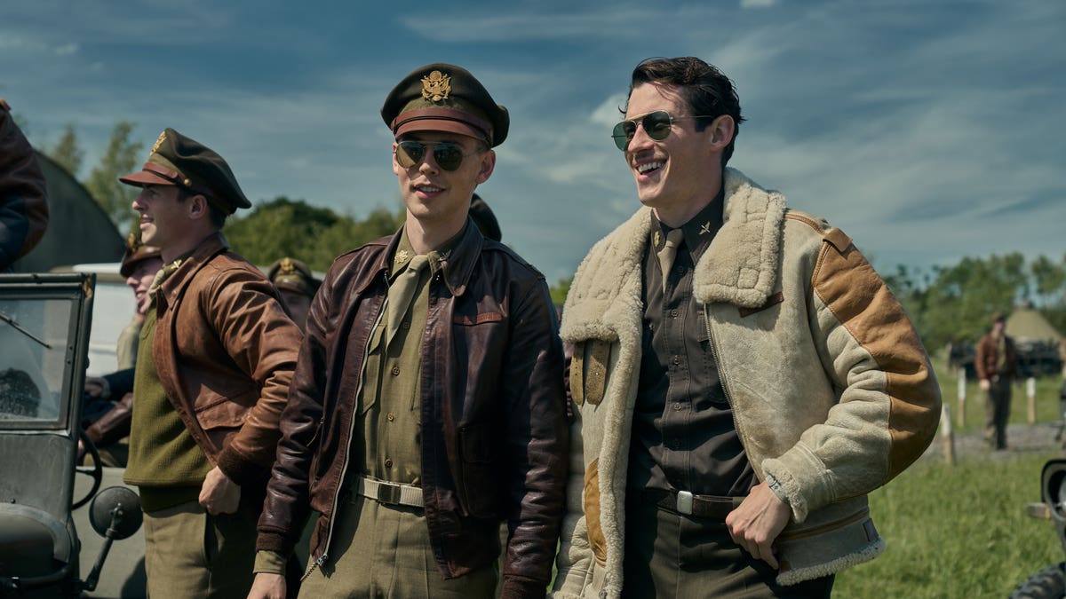 austin butler and callum turner walking in masters of the air
