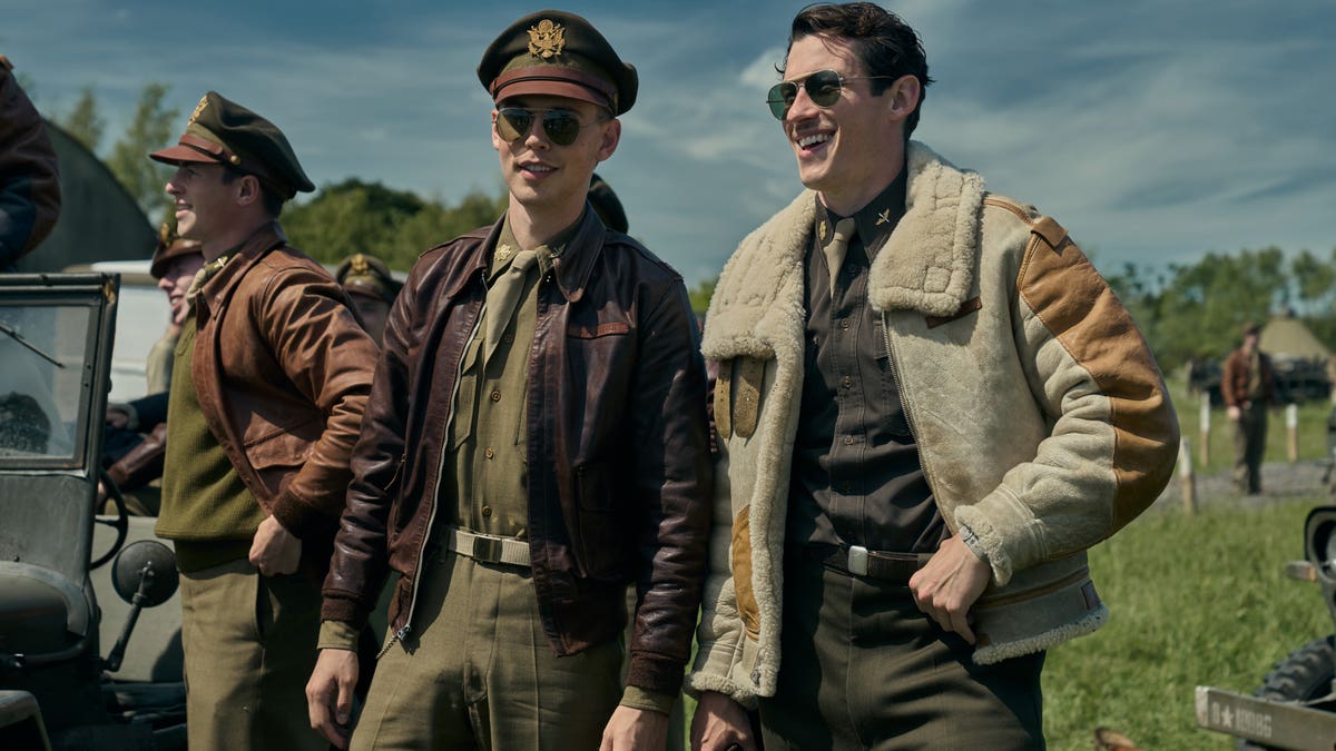 austin butler and callum turner walking in masters of the air