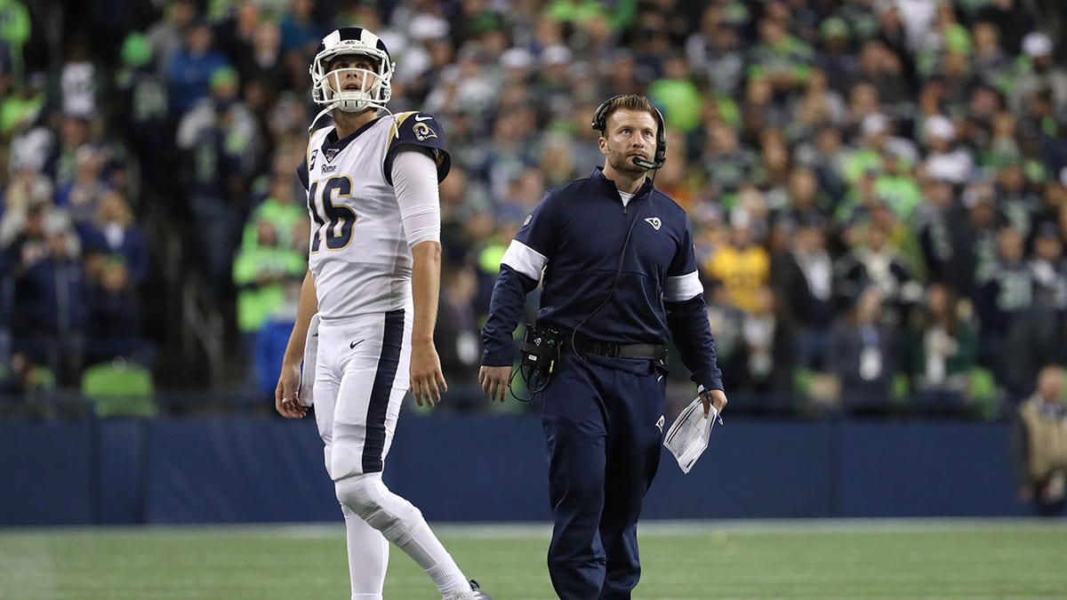 Jared Goff and Sean McVay react during a Rams game