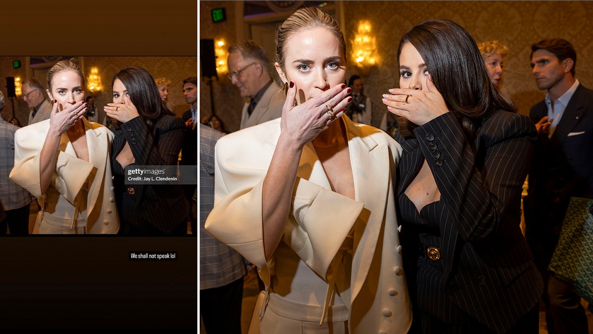 Emily Blunt e Selena Gomez tapando a boca com as mãos