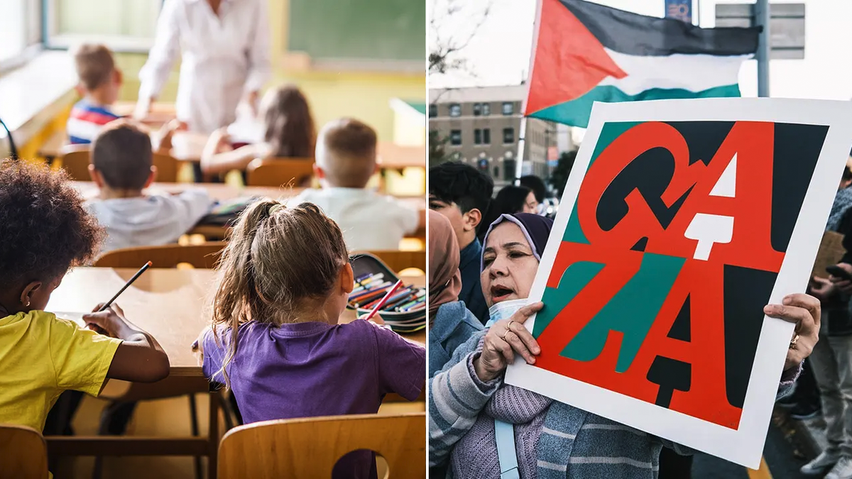 Students in class and protest split image