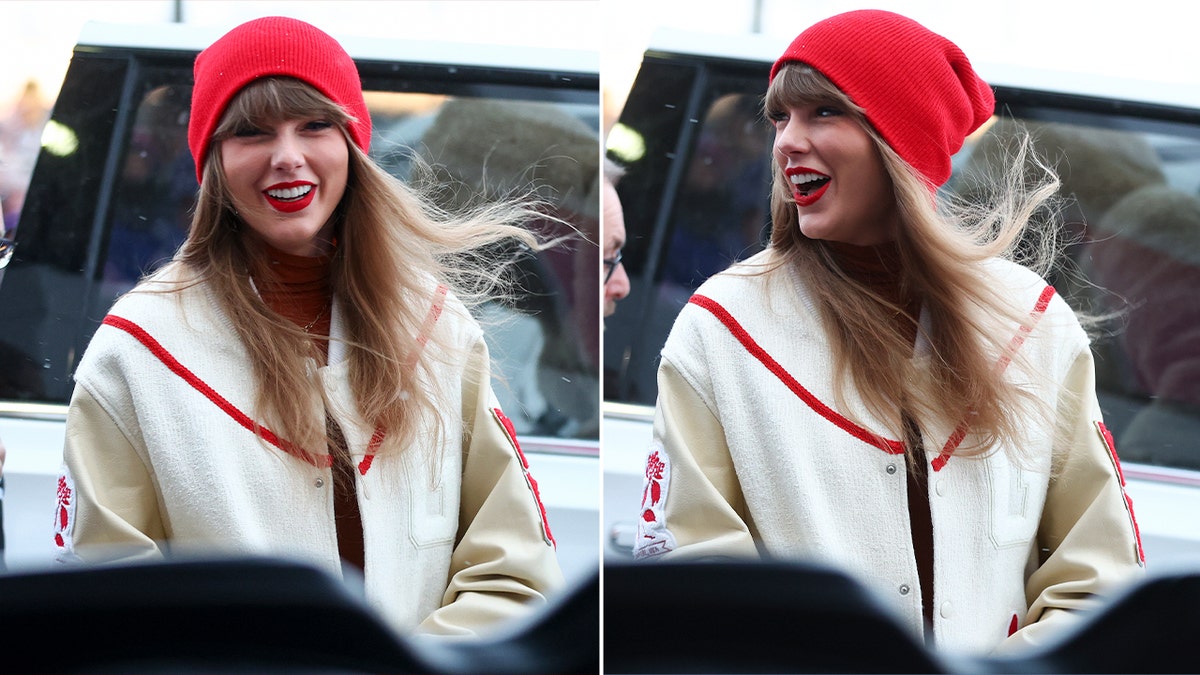 Taylor Swift side by side photos wearing red beanie