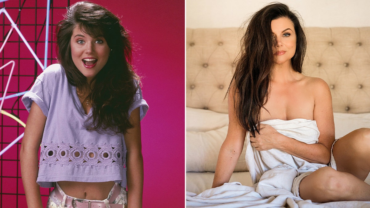 Side by side photo of Tiffani Thiessen in Saved by the Bell and posing covered in a bed sheet