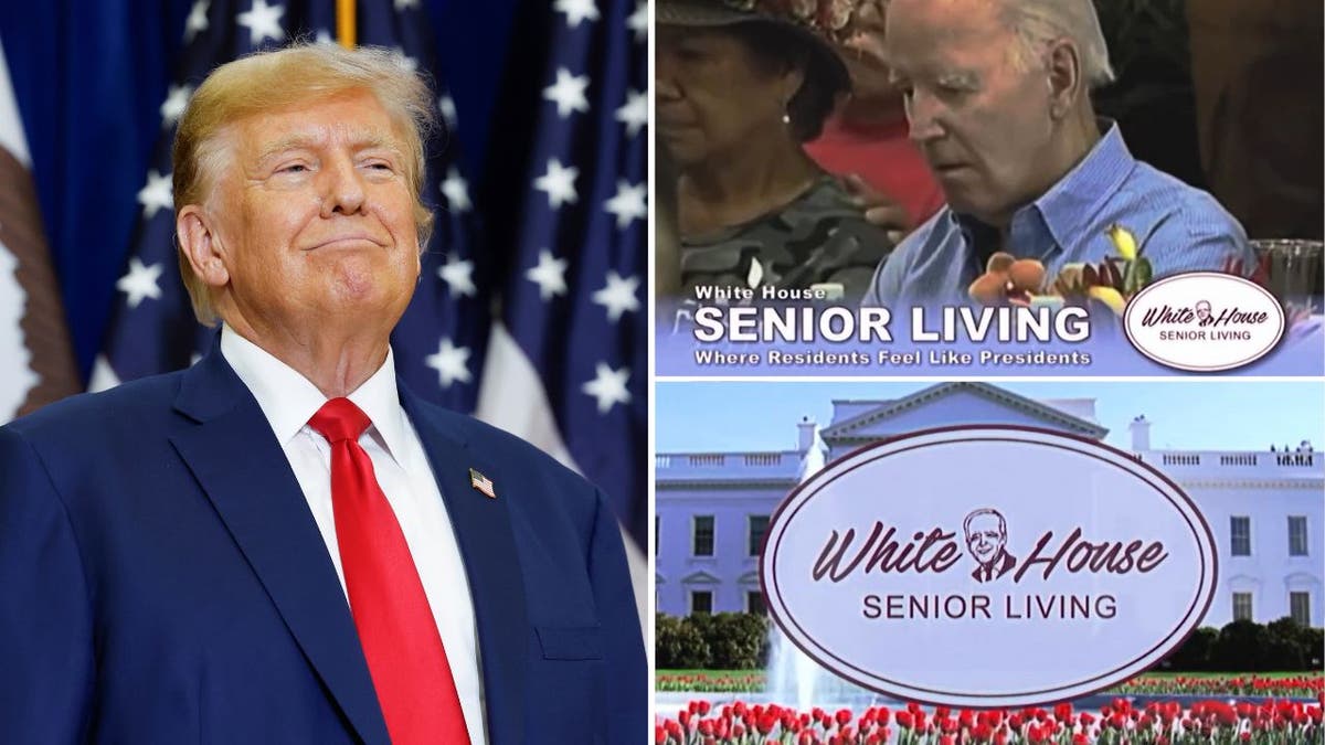 Former President Trump, left, and screenshots from a campaign ad mocking Biden 