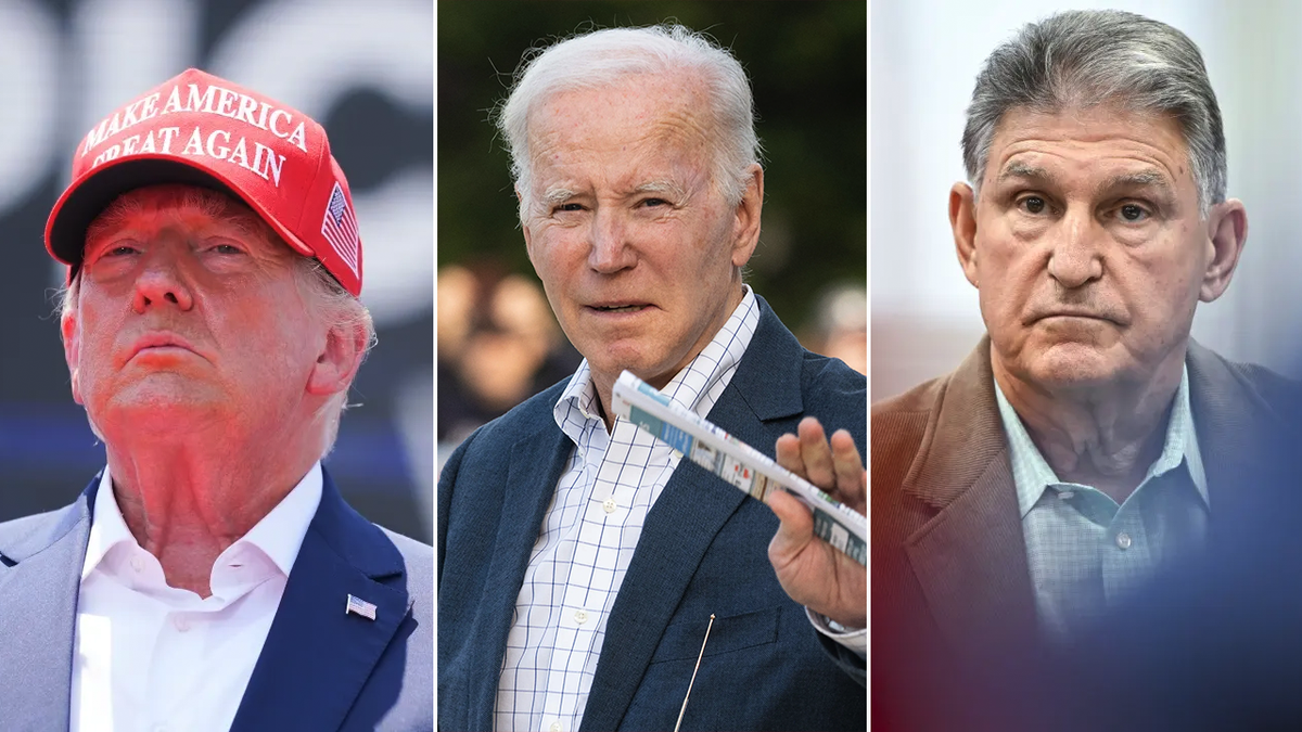 Former President Donald Trump, President Joe Biden and Joe Manchin split the image