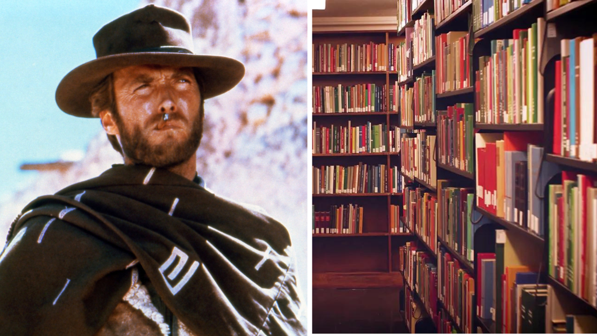 Split image of Clint Eastwood and a library