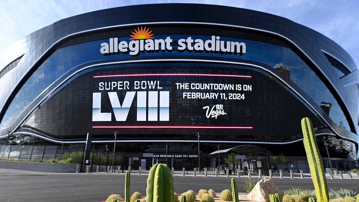 Allegiant Stadium with Super Bowl banner