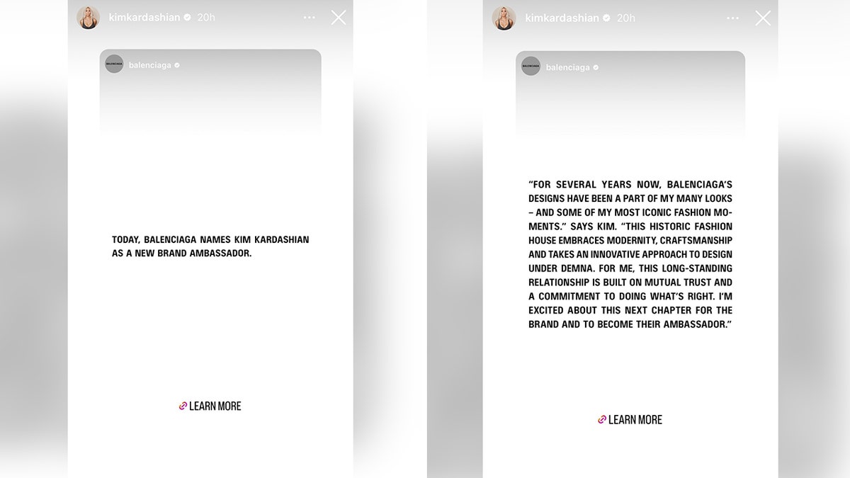 Split screen of the announcement made by Balenciaga on Instagram reposted by Kim Kardashian saying she's their new ambassador and her statement