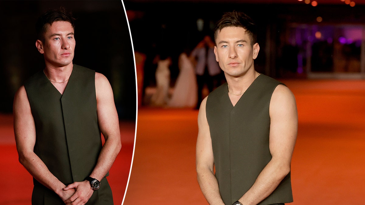 Barry Keoghan in a green sleeveless vest on the carpet in two pictures