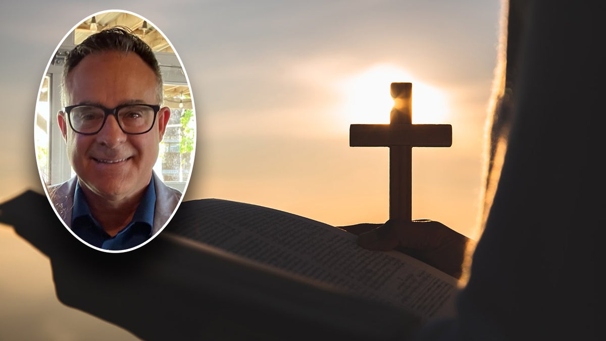 Jon Bell split with photo of woman holding Bible and Cross