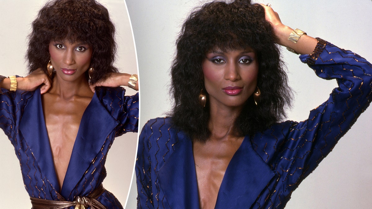 Beverly Johnson in a dark blue blouse with a plunging V puts her hands around her shoulders split Beverly in the same outfit with her arm against her head