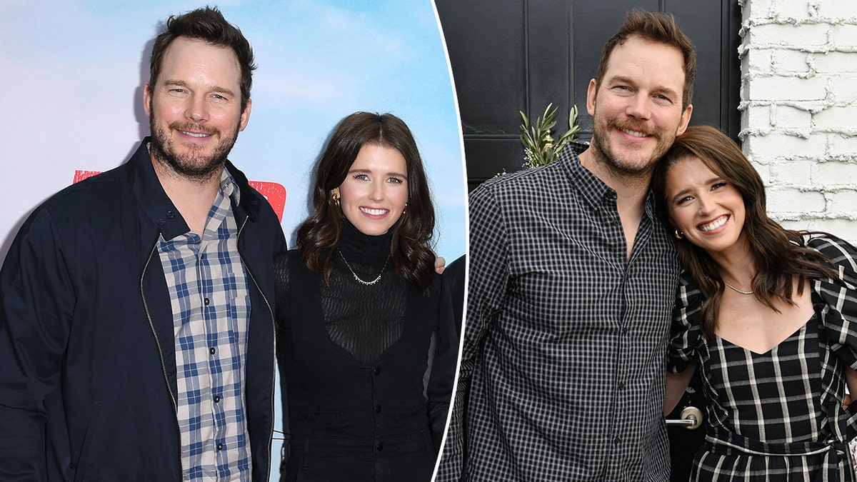 Chris Pratt in a plaid shirt and jacket smiles on the carpet with wife Katherine in black split Chris Pratt in a checkered shirt smiles with wife Katherine in a plaid dress