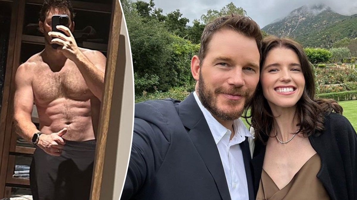 Chris Pratt shirtless shows off his ripped physique in mirror picture split Chirs Pratt in a grey suit takes a selfie with wife Katherine
