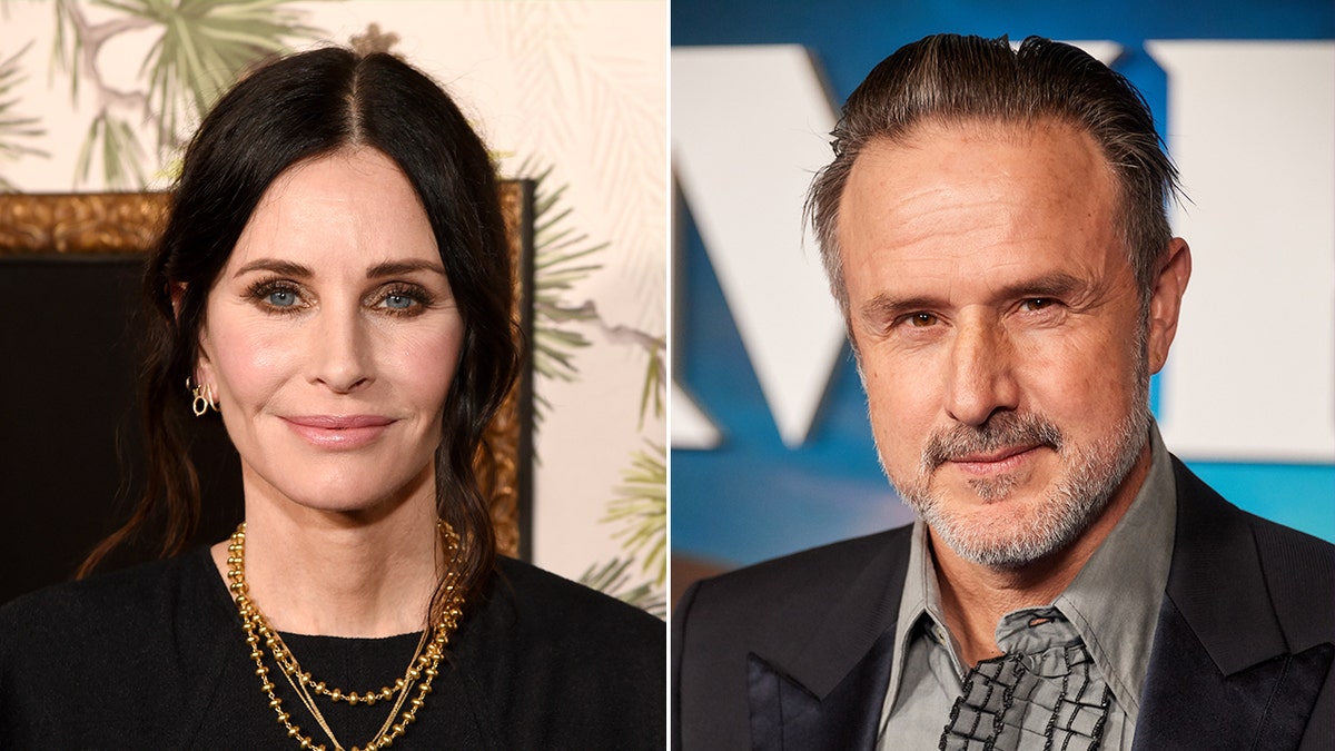 Courteney Cox in a black top and beaded necklace on the carpet split David Arquette with a scruffy mustache and stubble in a black suit jacket