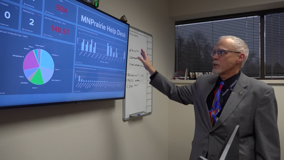 a man points to a help desk screen