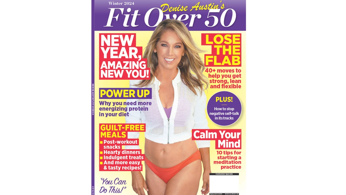 Denise Austin wears a bikini on the cover of her magazine