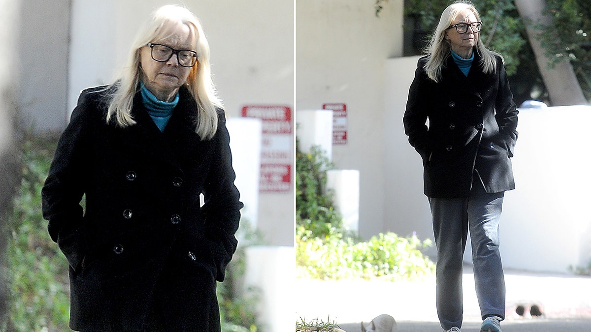 split of shelley long close-up/shelley long full-length shot while out on a walk