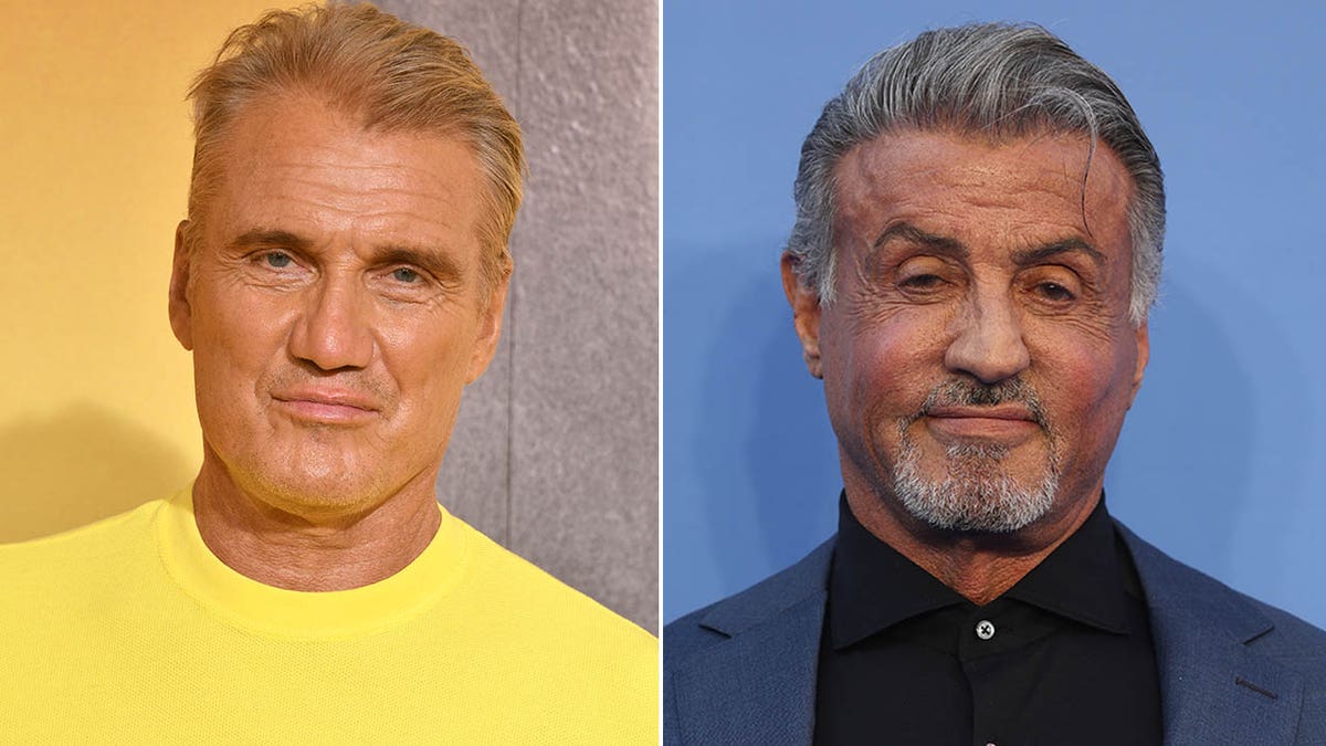 dolph lundgren against a yellow background/sylvester stallone against a blue background closeups