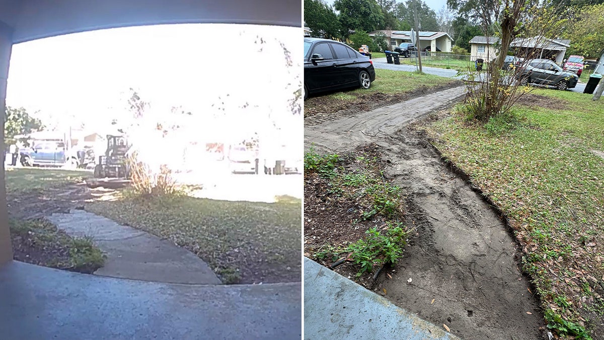 Mud and dirt track left across front lawn