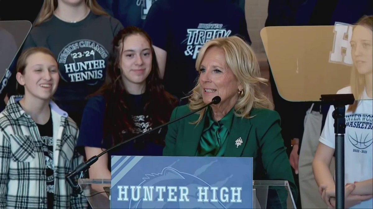 First Lady Jill Biden speaks at "Hunter High" podium