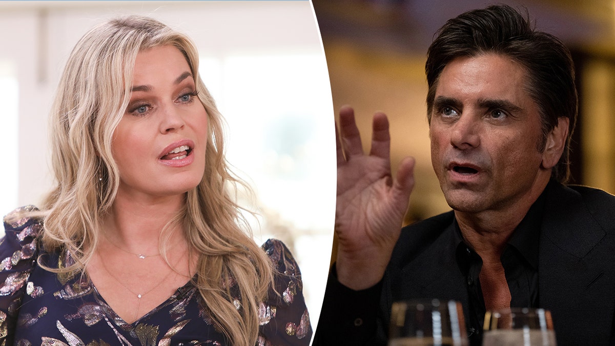 Rebecca Romijn in a patterned shirt with her mouth ajar and head slightly slanted looking to her left split John Stamos looking serious with his hand in the air looking to his right