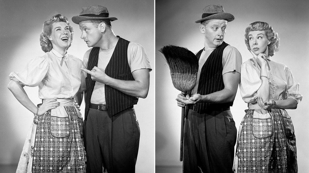 Joyce Randolph as Trixie Norton and Art Carney as Ed Norton in two pictures from "The Honeymooners"